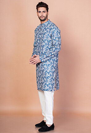 Digital Printed Cotton Kurta Set in Blue