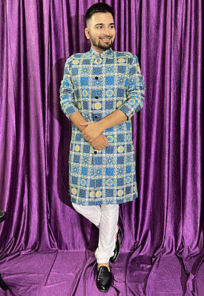 Digital Printed Cotton Kurta Set in Blue