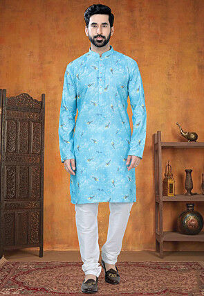 Digital Printed Cotton Kurta Set in Blue