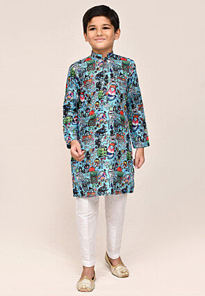 Digital Printed Cotton Kurta Set in Blue