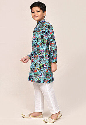 Digital Printed Cotton Kurta Set in Blue