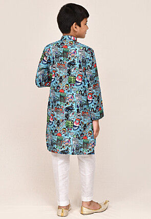 Digital Printed Cotton Kurta Set in Blue