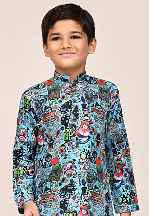 Digital Printed Cotton Kurta Set in Blue