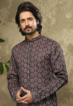 Digital Printed Cotton Kurta Set in Brown