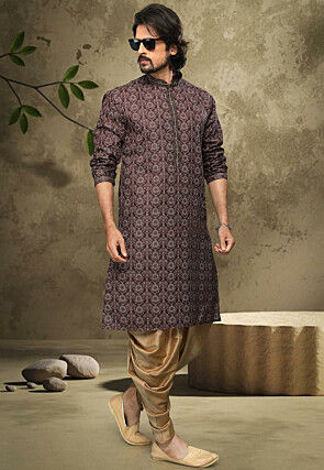Digital Printed Cotton Kurta Set in Brown