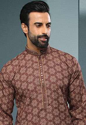 Digital Printed Cotton Kurta Set in Brown
