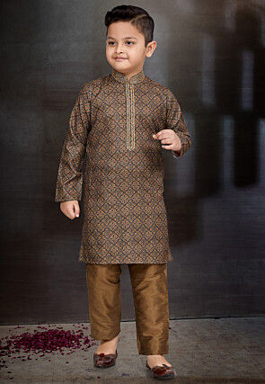 Digital Printed Cotton Kurta Set in Brown