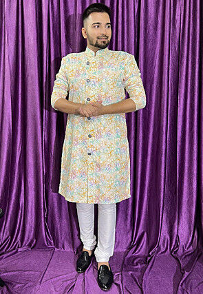 Digital Printed Cotton Kurta Set in Cream and Multicolor
