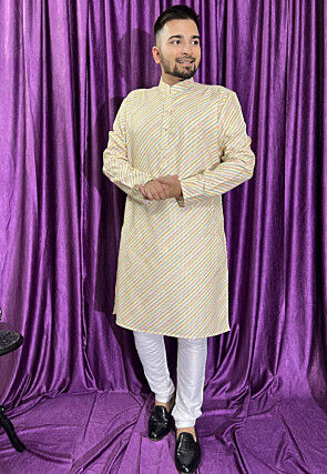 Digital Printed Cotton Kurta Set in Cream