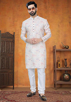 Digital Printed Cotton Kurta Set in Cream