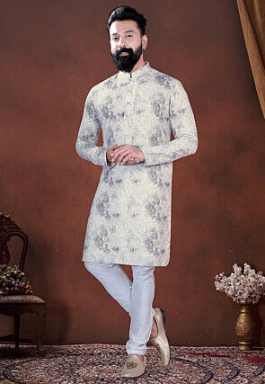 Digital Printed Cotton Kurta Set in Cream