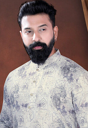 Digital Printed Cotton Kurta Set in Cream