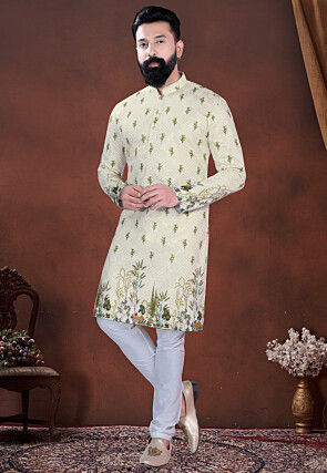 Digital Printed Cotton Kurta Set in Cream