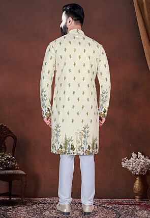Digital Printed Cotton Kurta Set in Cream