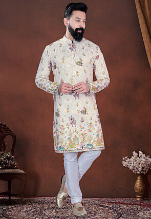 Digital Printed Cotton Kurta Set in Cream
