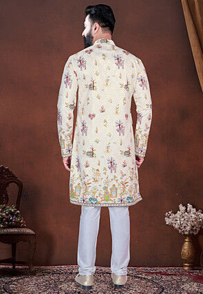 Digital Printed Cotton Kurta Set in Cream