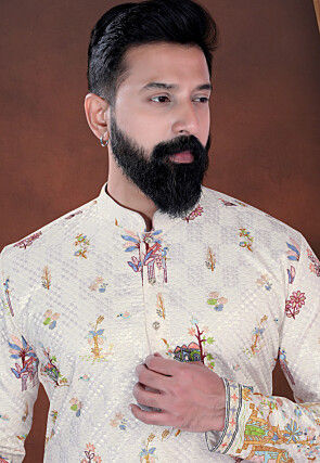 Digital Printed Cotton Kurta Set in Cream