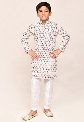 Digital Printed Cotton Kurta Set in Cream