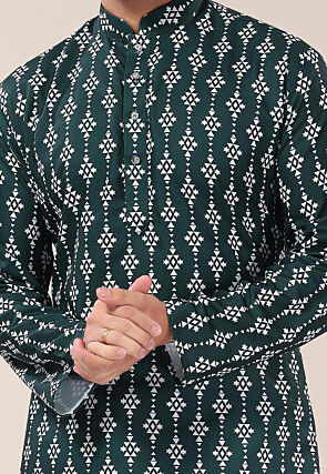 Digital Printed Cotton Kurta Set in Dark Green