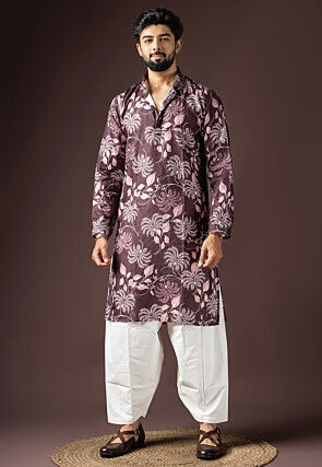 Digital Printed Cotton Kurta Set in Dark Maroon