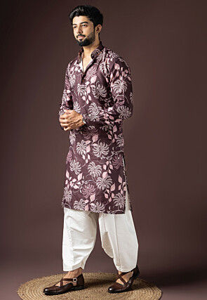 Digital Printed Cotton Kurta Set in Dark Maroon