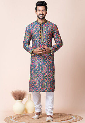 Digital Printed Cotton Kurta Set in Dark Teal Blue