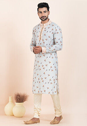 Digital Printed Cotton Kurta Set in Dusty Blue