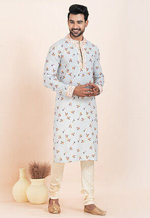 Digital Printed Cotton Kurta Set in Dusty Blue