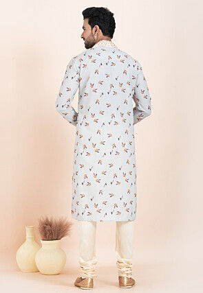 Digital Printed Cotton Kurta Set in Dusty Blue