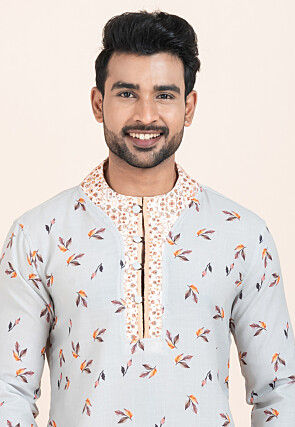 Digital Printed Cotton Kurta Set in Dusty Blue