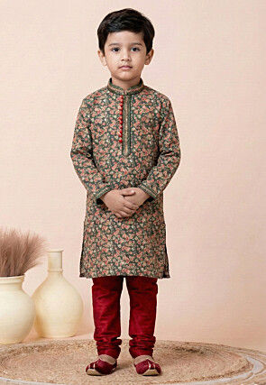 Digital Printed Cotton Kurta Set in Dusty Green