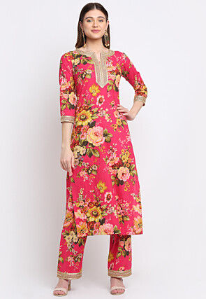 Digital Printed Cotton Kurta Set in Fuchsia