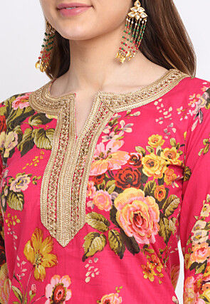 Digital Printed Cotton Kurta Set in Fuchsia