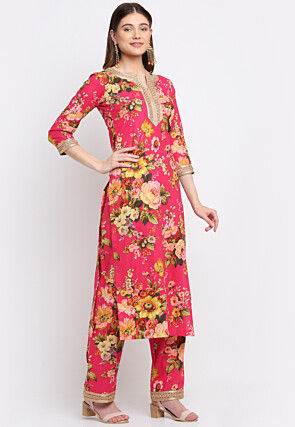 Digital Printed Cotton Kurta Set in Fuchsia