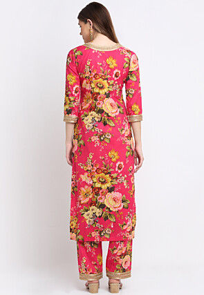 Digital Printed Cotton Kurta Set in Fuchsia