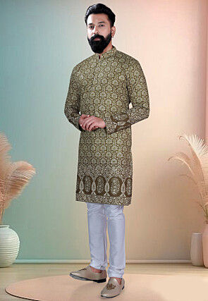 Digital Printed Cotton Kurta Set in Green