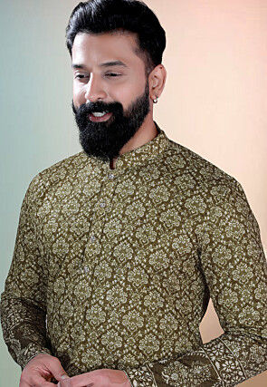 Digital Printed Cotton Kurta Set in Green