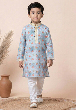 Digital Printed Cotton Kurta Set in Grey