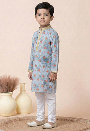 Digital Printed Cotton Kurta Set in Grey