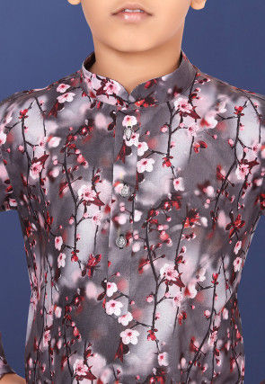 Digital Printed Cotton Kurta Set in Grey