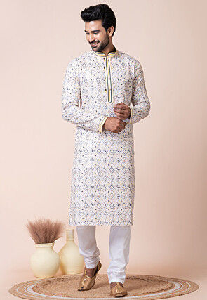 Digital Printed Cotton Kurta Set in Light Beige
