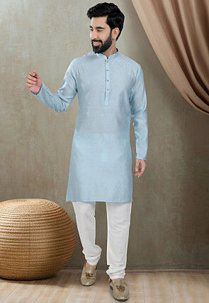 Digital Printed Cotton Kurta Set in Light Blue
