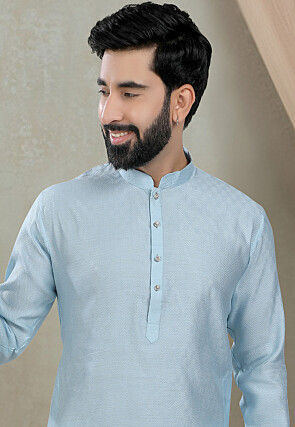 Digital Printed Cotton Kurta Set in Light Blue