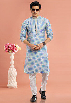 Digital Printed Cotton Kurta Set in Light Blue