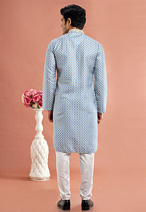 Digital Printed Cotton Kurta Set in Light Blue