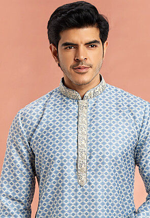 Digital Printed Cotton Kurta Set in Light Blue