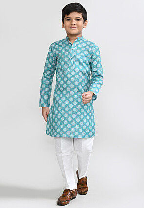 Digital Printed Cotton Kurta Set in Light Blue