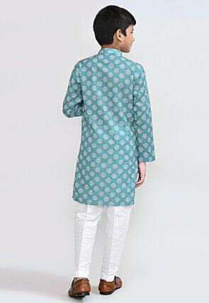 Digital Printed Cotton Kurta Set in Light Blue