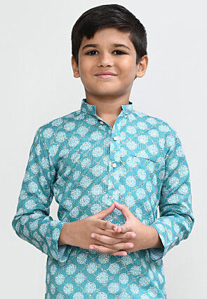 Digital Printed Cotton Kurta Set in Light Blue