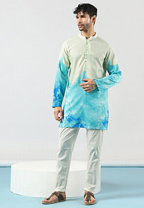 Digital Printed Cotton Kurta Set in Light Green and Blue